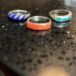 Stackable Set of Turquoise,Coral and Lapis Band Rings